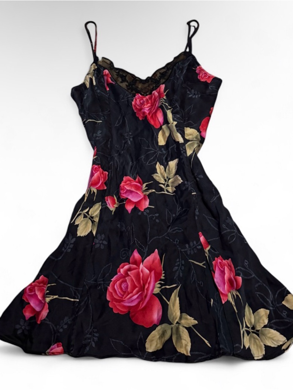 Vintage Victoria’s Secret 100% Silk Black Rose Floral Slip Dress